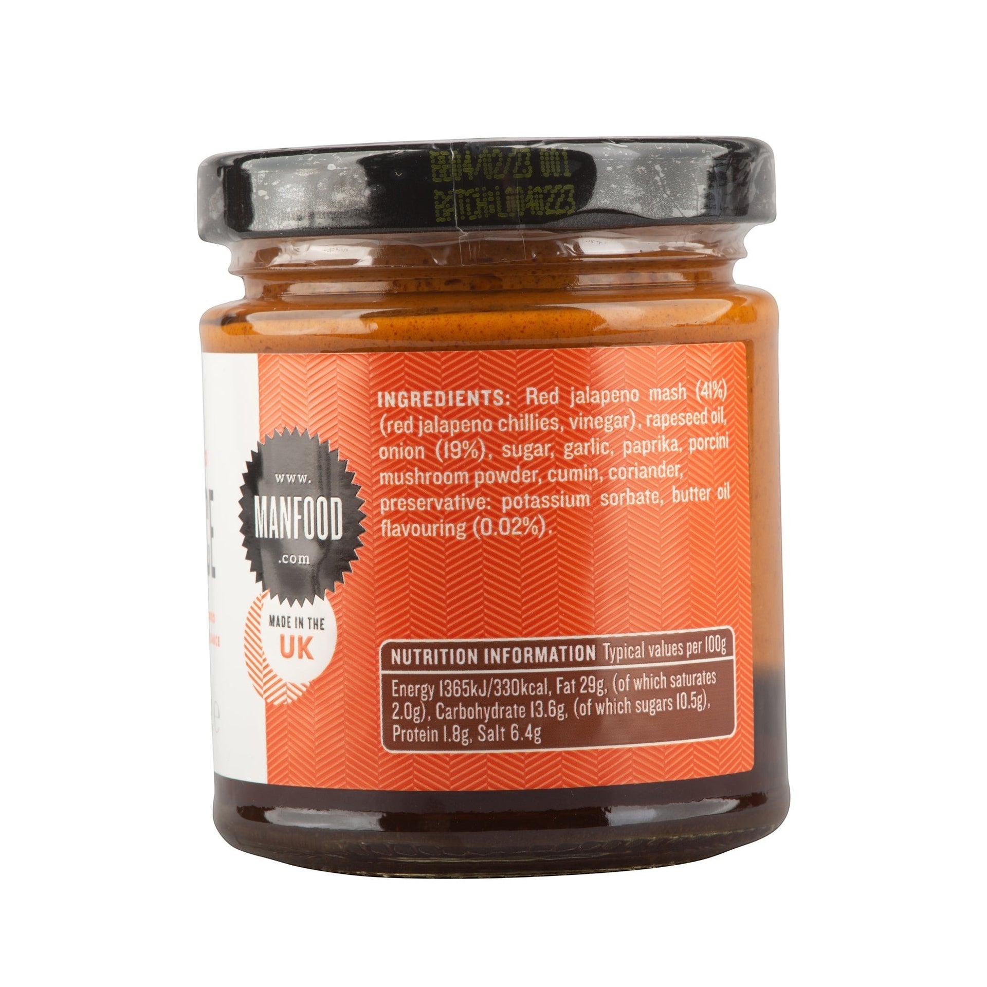 Manfood vegan buffalo sauce jar showing ingredients and nutritional information on the back label