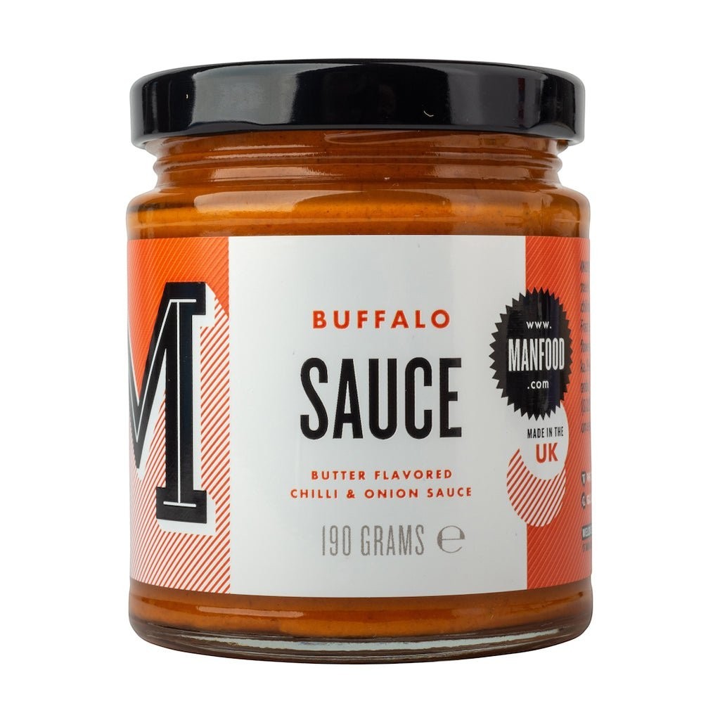 Manfood  vegan buffalo sauce in a 190g glass jar with butter flavoured chilli and onion ingredients