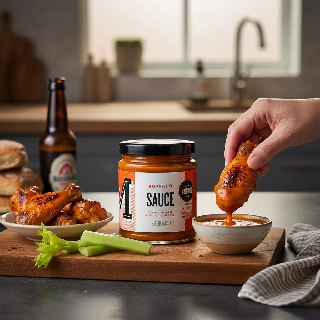 Manfood Cambs vegan buffalo sauce jar with a hand dipping a chicken wing into a bowl of the buttery chilli sauce
