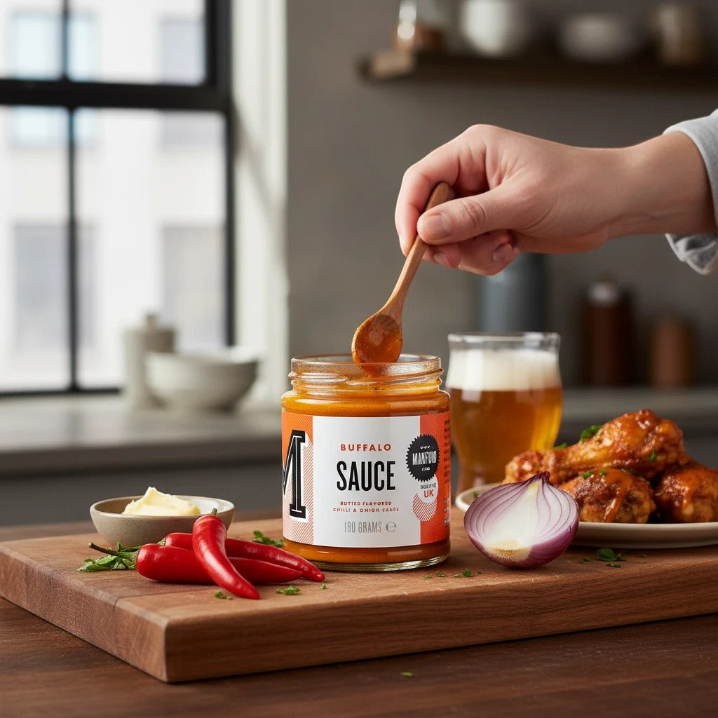 Manfood vegan buffalo sauce in a glass jar with a wooden spoon, red chillies, and onion on a wooden board.
