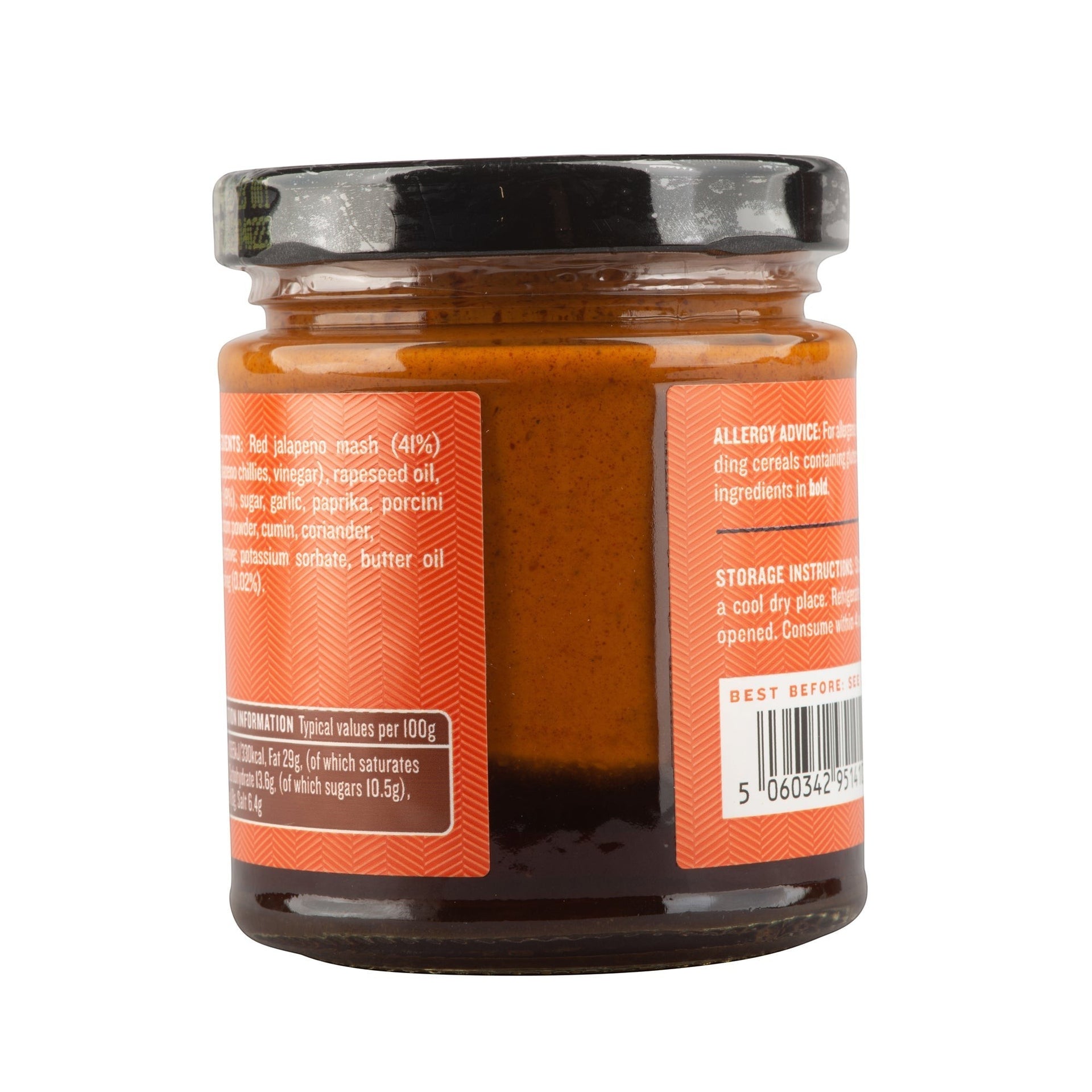 Manfood vegan buffalo sauce in a glass jar with orange label featuring chilli and onion ingredients