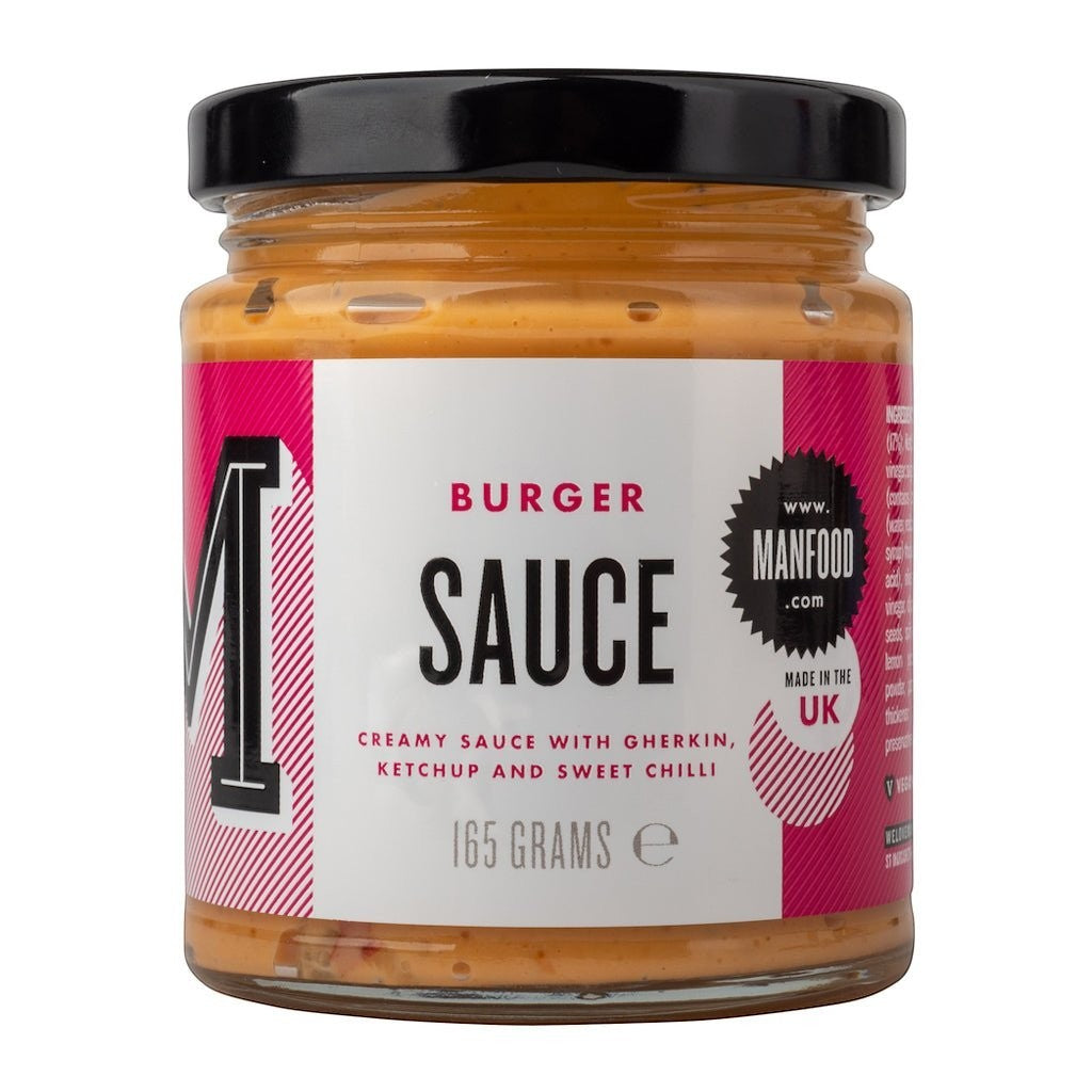 Manfood  vegan burger sauce in a glass jar with a pink and white label featuring gherkin and chilli ingredients.