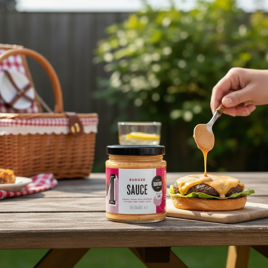 Manfood vegan burger sauce in a glass jar being drizzled over a grilled burger on a wooden picnic table.