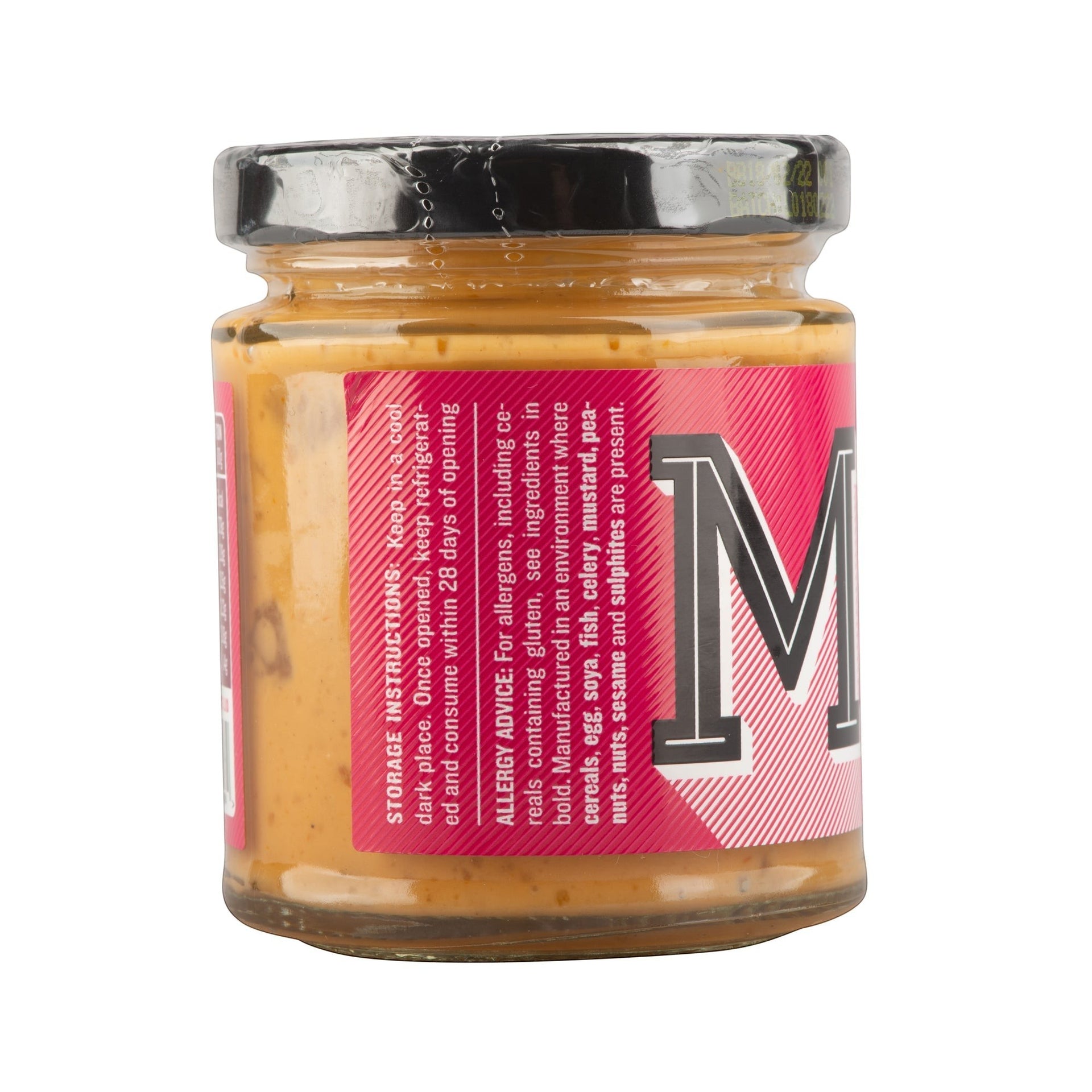 Manfood vegan burger sauce in a glass jar with a pink label showing storage and allergy information.