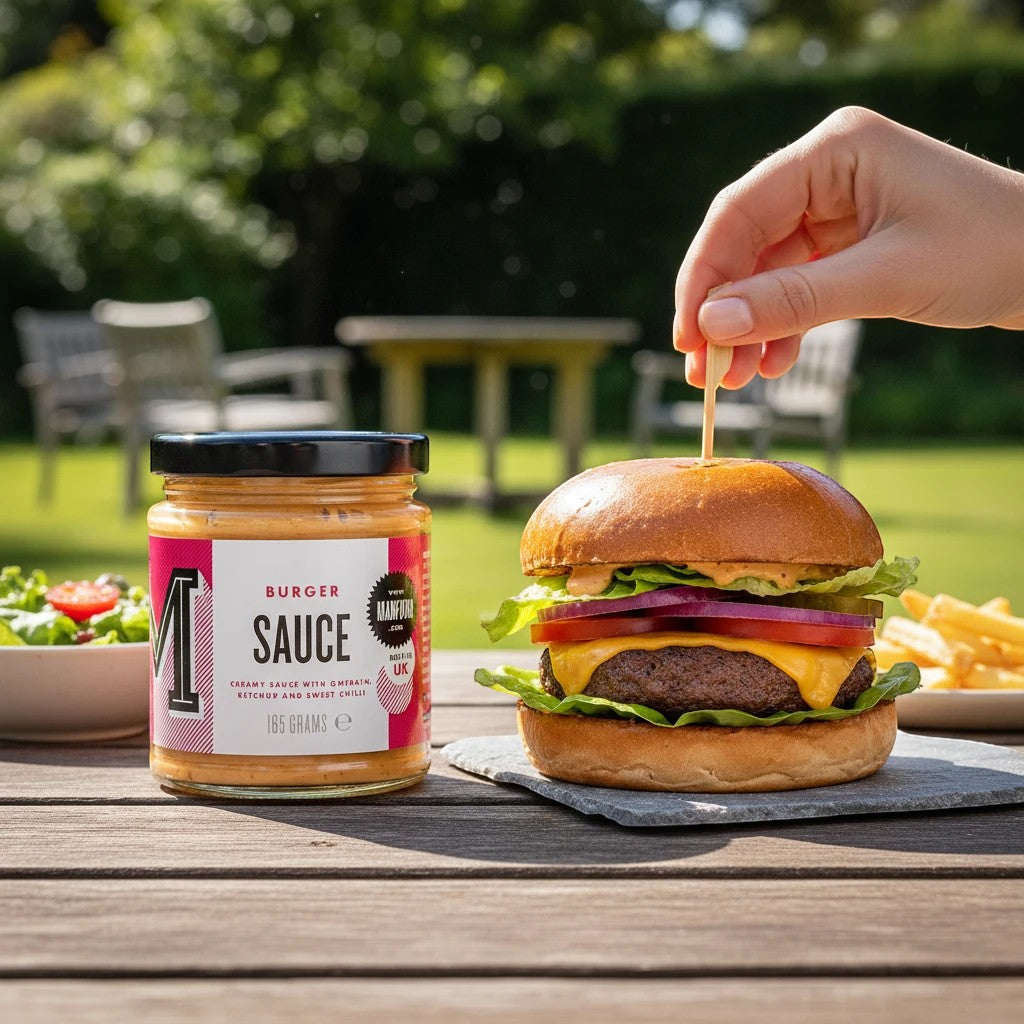 Manfood vegan burger sauce jar next to a gourmet cheeseburger on a wooden table in a sunny garden setting.