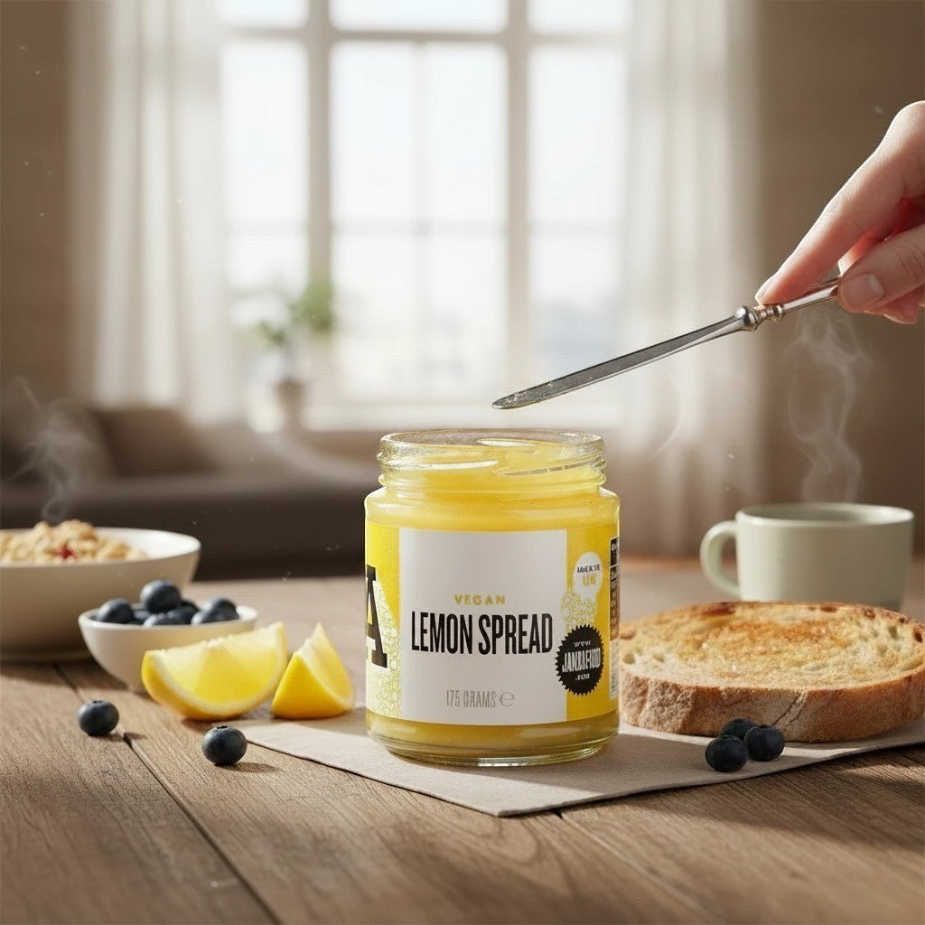 Manfood vegan lemon curd in a glass jar with a knife, served on a breakfast table with toast and blueberries.