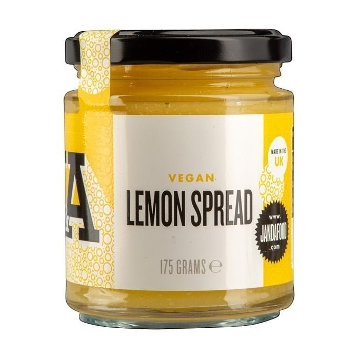 Manfood vegan lemon curd in a 175g glass jar with a yellow and white label