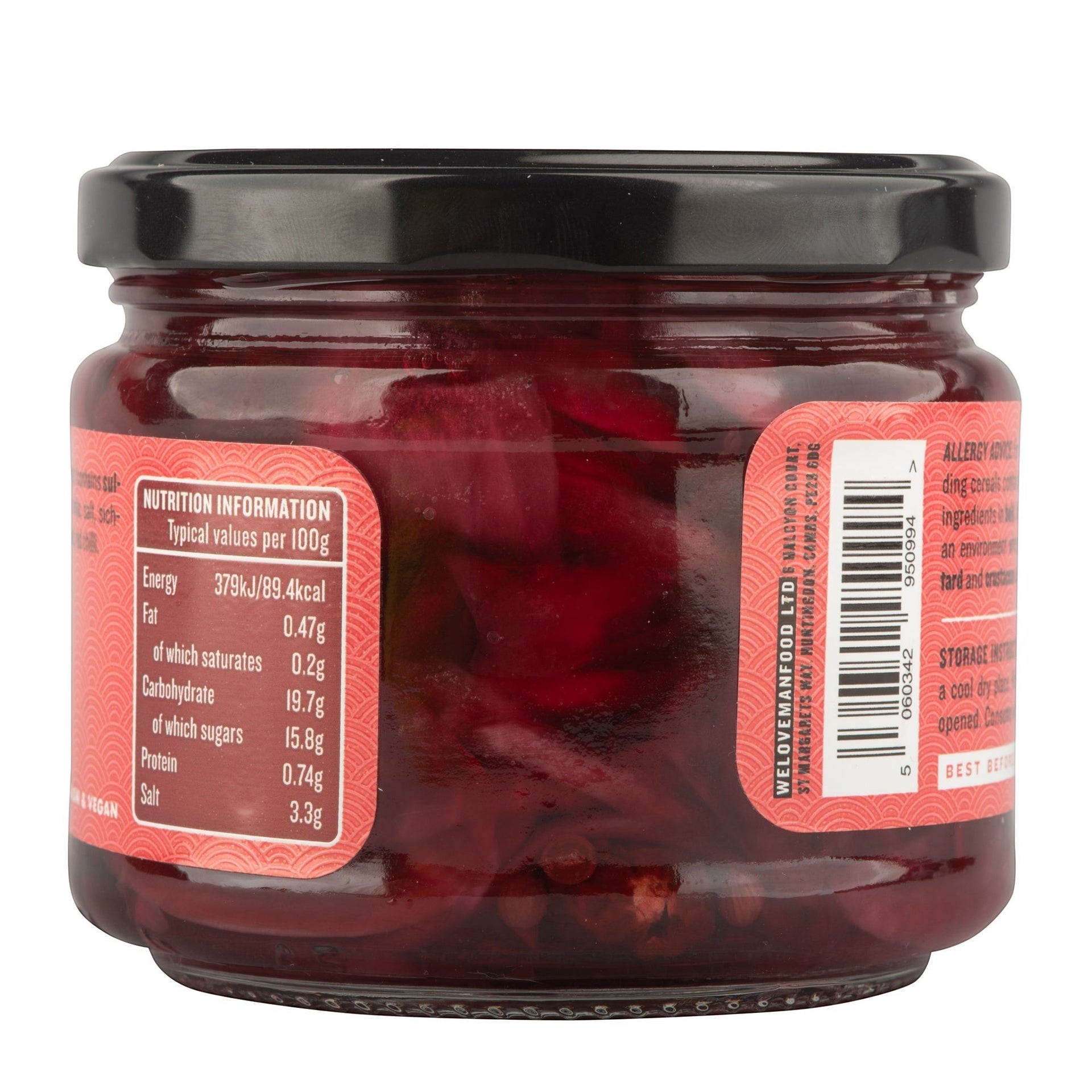 Manfood Vietnamese pickled red onions in a glass jar with spiced red wine vinegar and nutritional label