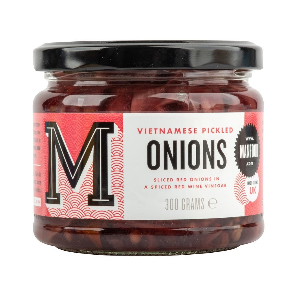 Manfood jar of Vietnamese pickled red onions in spiced red wine vinegar with star anise and Sichuan peppercorns