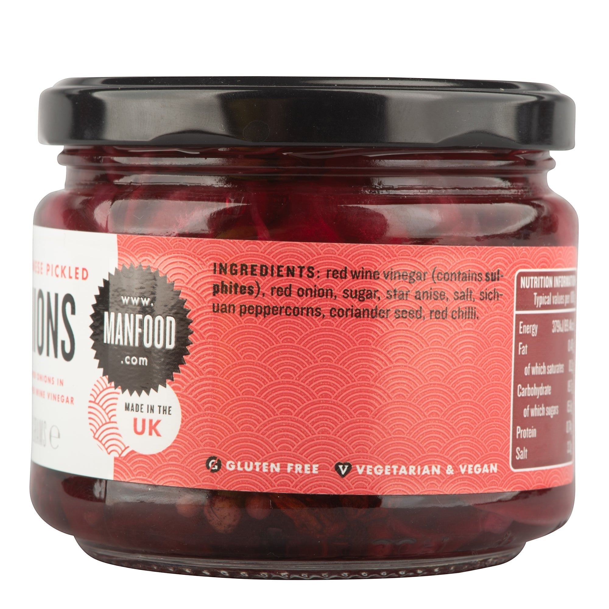 Manfood Vietnamese pickled red onions in a glass jar with spiced red wine vinegar and star anise