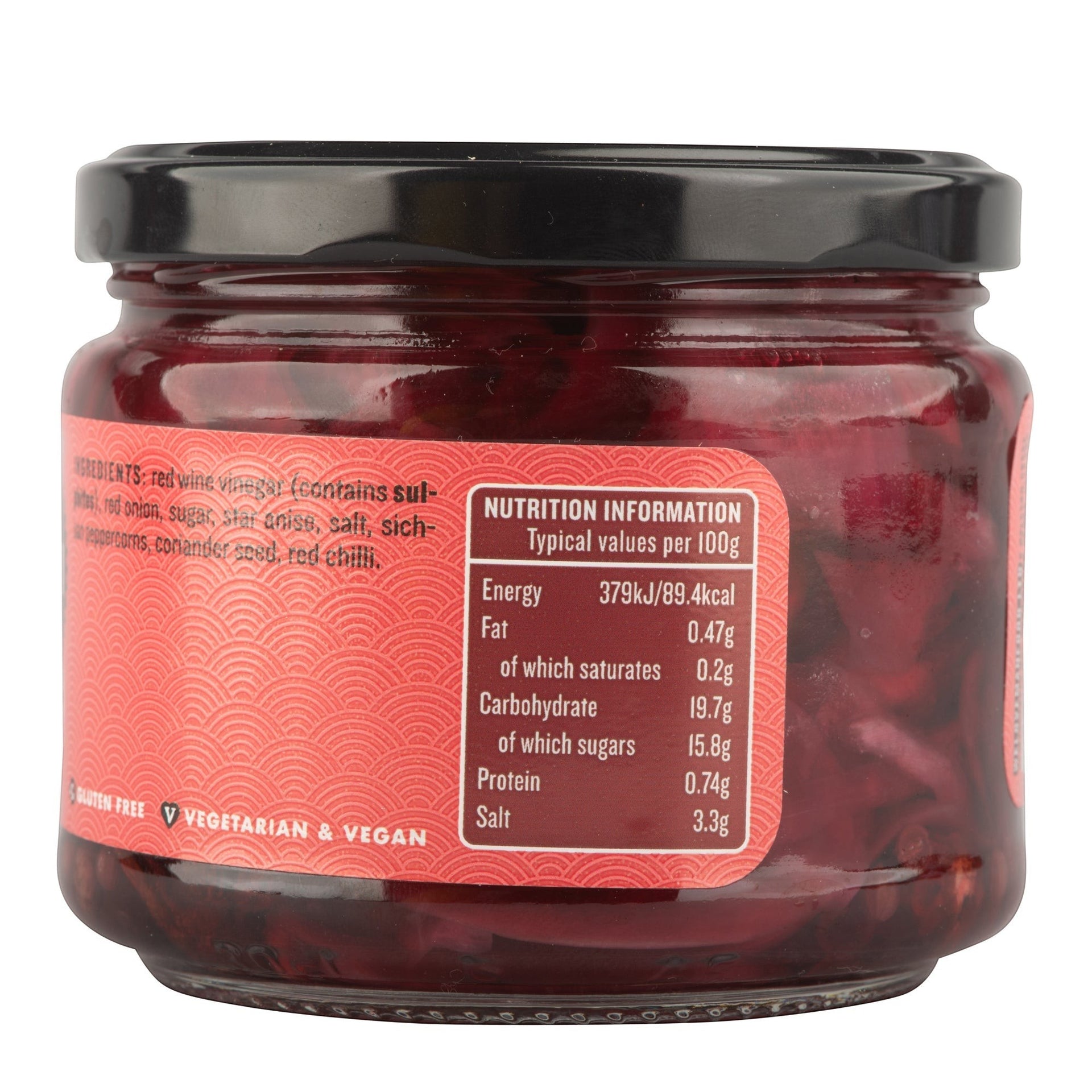 Manfood Vietnamese pickled red onions in a glass jar with nutritional information label