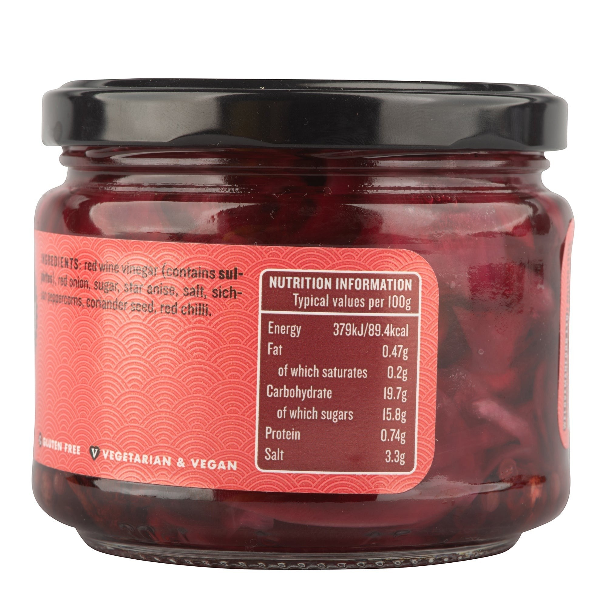 Manfood Vietnamese pickled red onions in a glass jar with nutritional information label