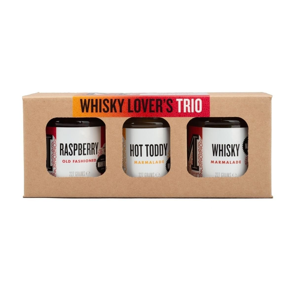 Manfood Whisky Lover's Trio gift set featuring three jars of whisky-infused jams and marmalades in a box.